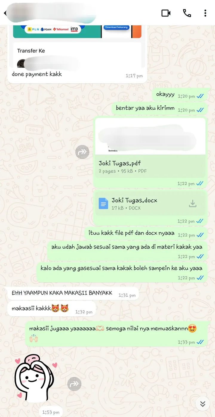 Screenshot chat pelanggan setelah menerima file tugas